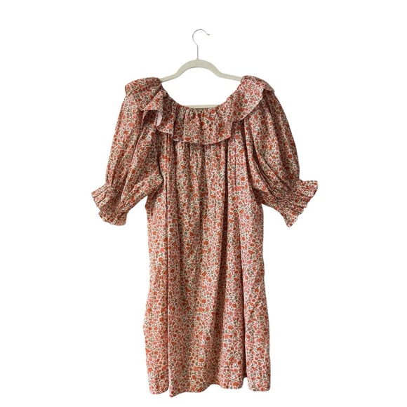 DÔEN Liberty Fabric Chime Floral Mini Dress Size M in Coral Poppy Boho Ruffles - Picture 5 of 13